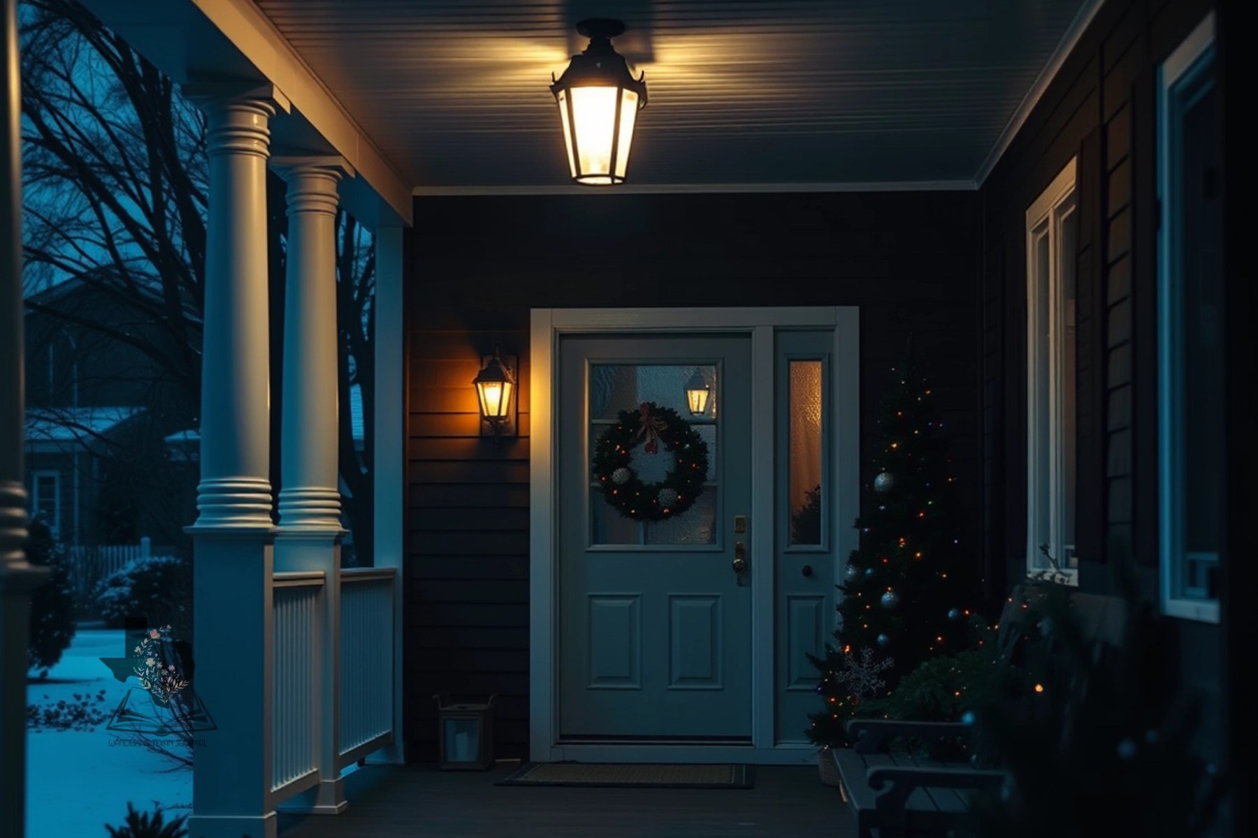 Warm porch light glowing at dusk, symbolizing home, comfort, and carrying light forward.